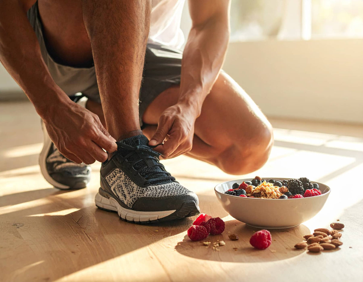 Courir à jeun - Illustration : runner laçant ses chaussures devant un bol de céréales