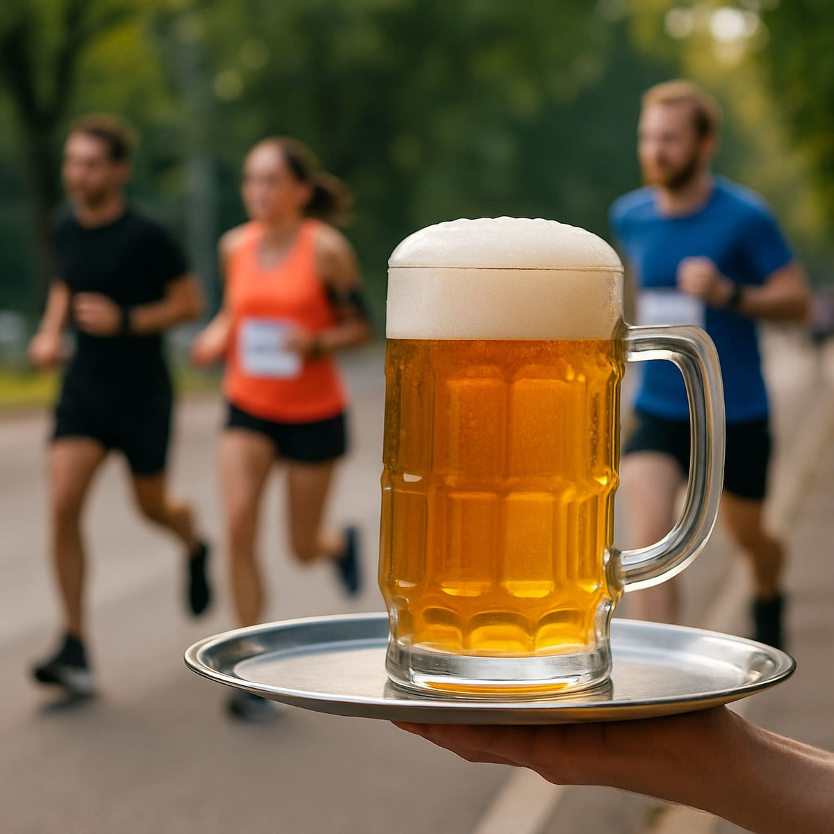 Bière sur un plateau devant un groupe de coureurs